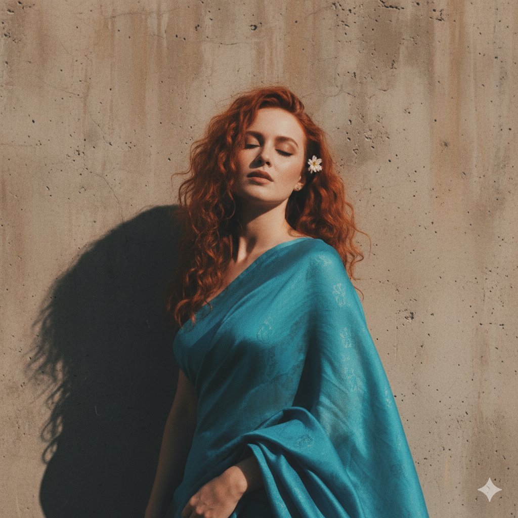 复古蓝纱红发女郎 – 90年代电影风格风中美景